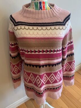 Olsen Pink and Cream Patterned Crewneck Sweater